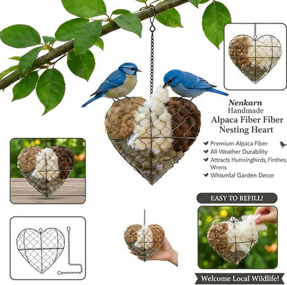 Handmade Alpaca Fiber Bird Nesting Heart - Weather Resistant Wild Bird Nesting Material Holder with Refillable Soft Fibers and Hanging Chain for Hummingbirds, Finches & Wrens (7.1*7.1*2.8in)