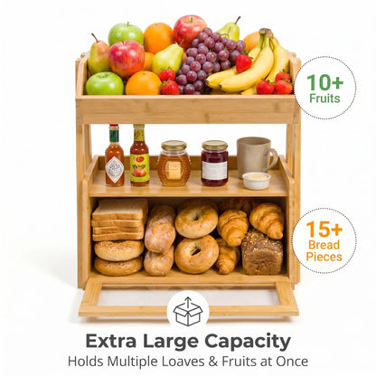 YanKiTour Bamboo Bread Box for Kitchen Countertop, 2 Tier Large Storage with Fruit Basket Top and Window, Farmhouse Organizer for Snacks & Vegetables