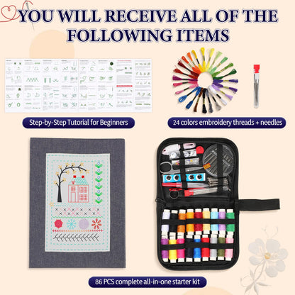 COLORCASA New Embroidery Stitch Book Kit,Embroidery Learning Book,Comes with a Complete Tool kit and Instructional Tutorial,106 Patterns for Beginners Craft Lovers and Sew Enthusiast