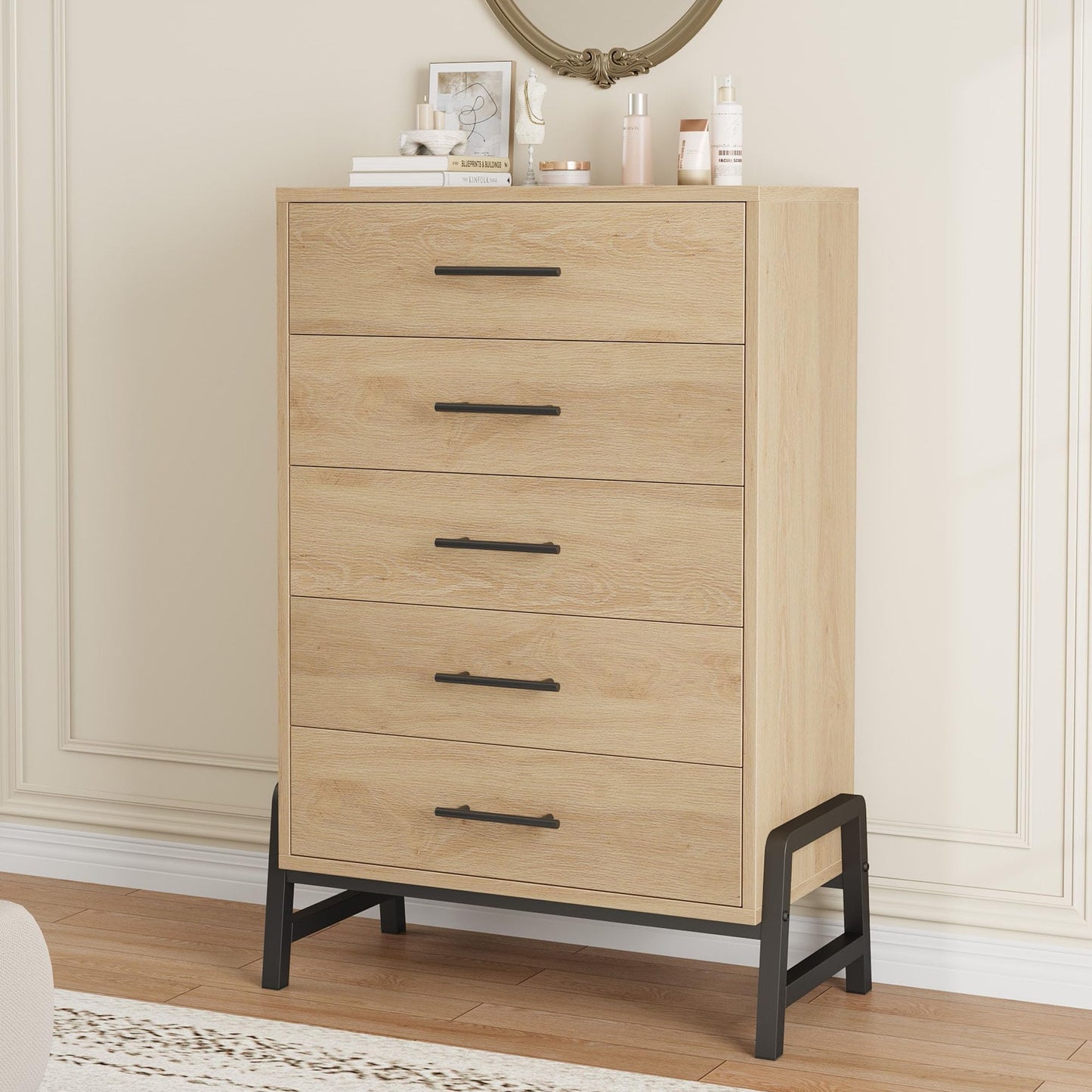 MilleLoom Tall Dresser for Bedroom, 50.5Inch 5-Drawer Chest of Drawers, Wooden Vertical Dresser with Deep Storage Drawers, Freestanding Narrow Closet Organizer for Living Room, Entryway