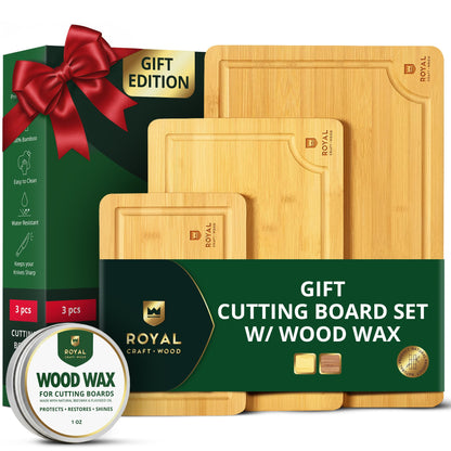 ROYAL CRAFT WOOD Wooden Cutting Boards for Kitchen Meal Prep & Serving - Bamboo Wood Serving Board Set with Deep Juice Groove Side Handles - Charcuterie & Chopping Butcher Block for Meat