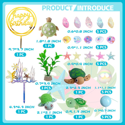 UFROMSKY 34pcs Turtle Cake Topper Under the Sea Cake Decoration with Ocean Turtle Starfish Conch and Seashells for Sea Theme Birthday Party Baby Shower Supplies