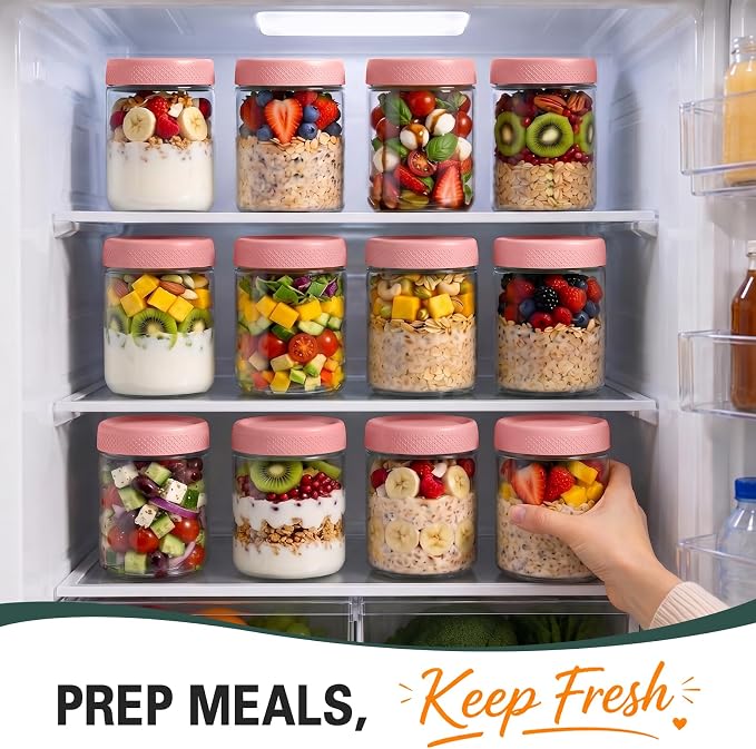 Pink Overnight Oats Container with Lids, Wide Mouth Mason Jars with Lids, Air Tight Overnight Oats Jars for Yogurt, Reusable Glass Jar for Pudding, Snack, Sugar, Breakfast, (6-Pack, 16oz)