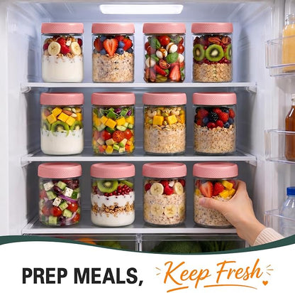 Pink Overnight Oats Container with Lids, Wide Mouth Mason Jars with Lids, Air Tight Overnight Oats Jars for Yogurt, Reusable Glass Jar for Pudding, Snack, Sugar, Breakfast, (6-Pack, 16oz)