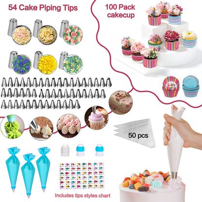 Aluminum Alloy Revolving Cake Stand & Carrier - 268PCS Kit with 54 Piping Tips, Acrylic Cake Discs, Various Spatulas