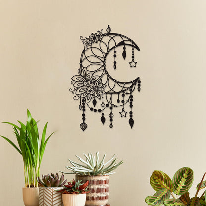 Xedatric Matte Black Moon Phase Wall Decor–Elegant Metal Moon Wall Art with Floral & Hanging Stars–Celestial Bedroom Decor for Indoor & Outdoor