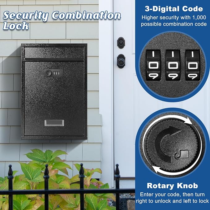KYODOLED Locking Wall Mount Mailbox, Mail Boxes with Combination Lock for Outside, Security Cash Key Letter Drop Box with Code for House Office School,12.4H x 8.54L x 3.35W Inches, Black