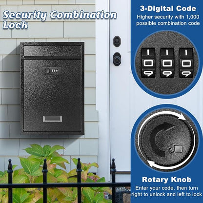 KYODOLED Locking Wall Mount Mailbox, Mail Boxes with Combination Lock for Outside, Security Cash Key Letter Drop Box with Code for House Office School,12.4H x 8.54L x 3.35W Inches, Black