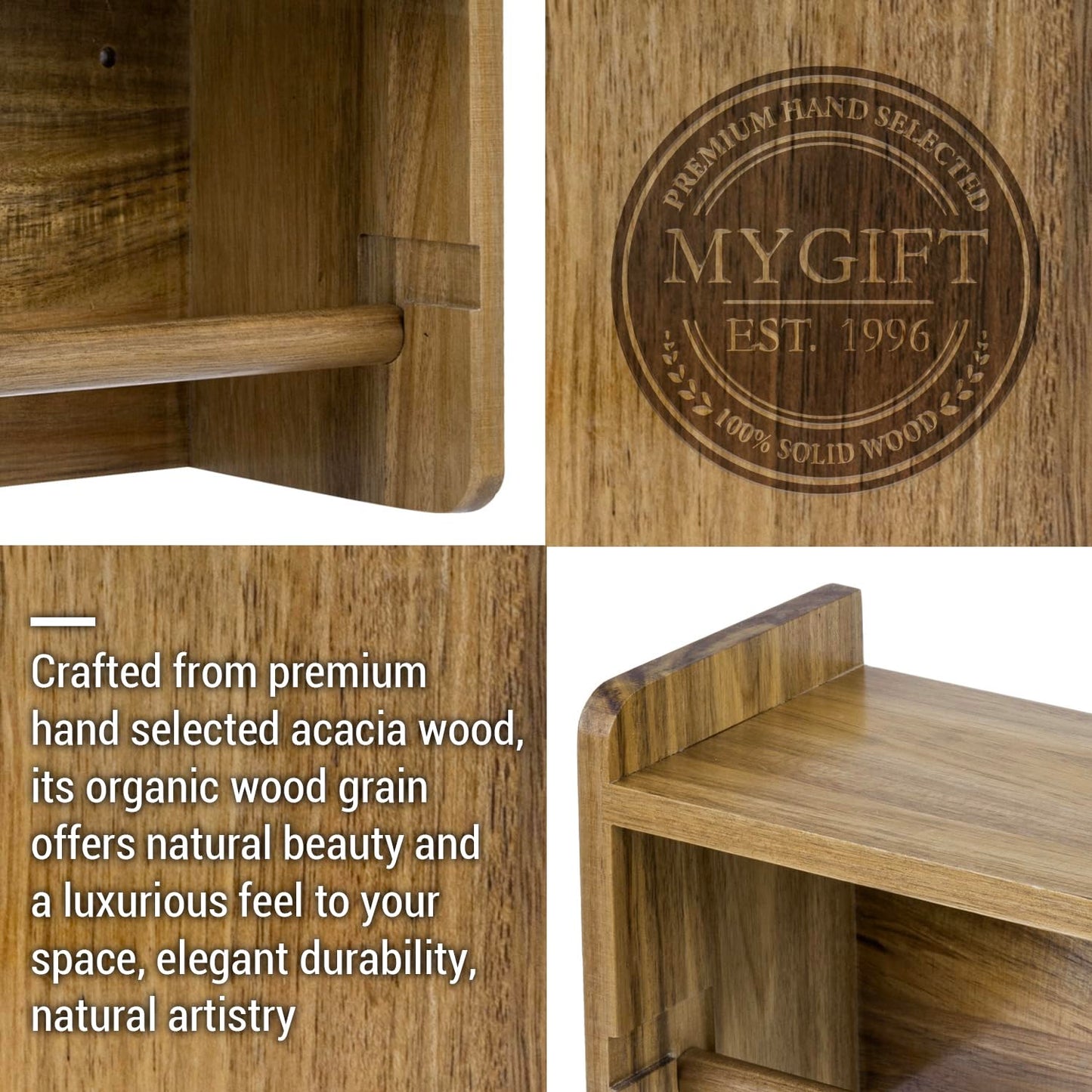MyGift Hanging Paper Towel Roll Holder, Premium Acacia Solid Wood Farmhouse Wall Mounted Kitchen Napkin Dispenser Rack with Top Storage Shelf Spice Racks