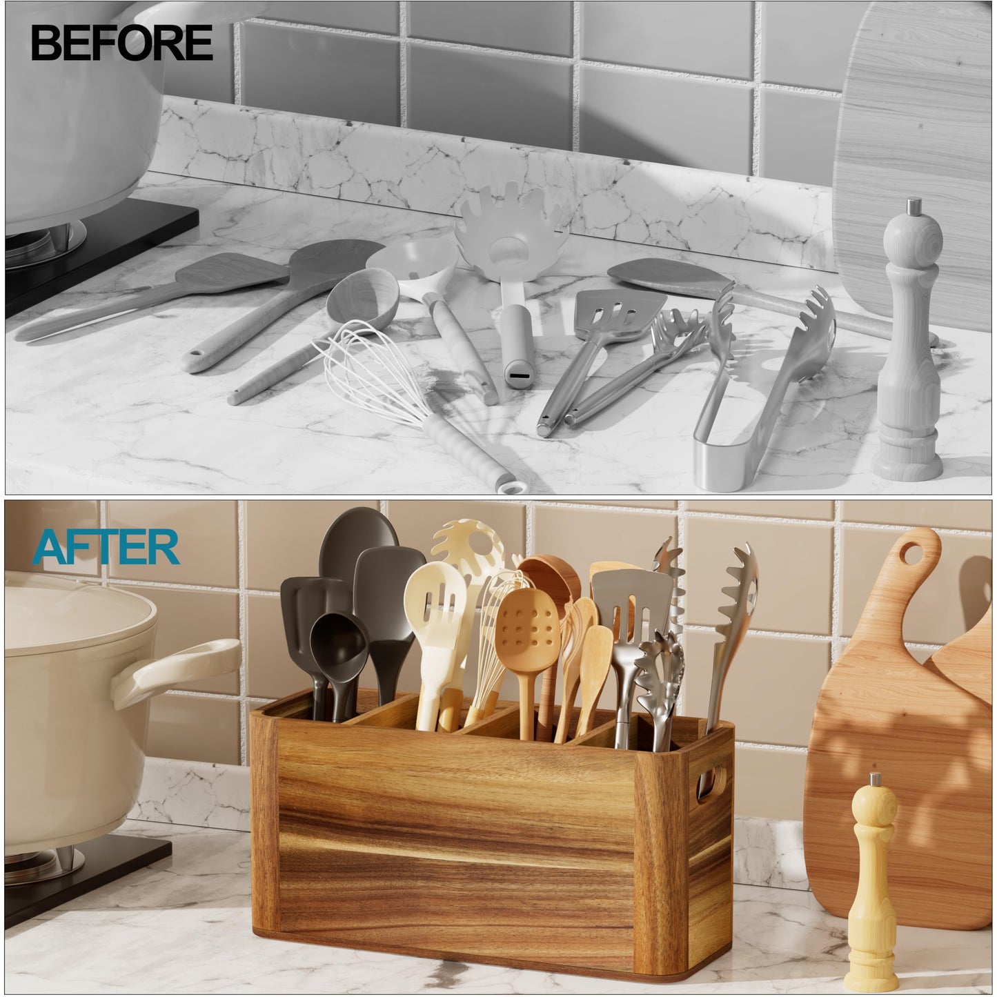 Segtenant Utensil Holder for Kitchen Counter, Extra Large Utensil Holder for Countertop with 4 Compartments Wooden Cooking Utensil Organizer for Spatula Kitchen Storage, Acacia Wood