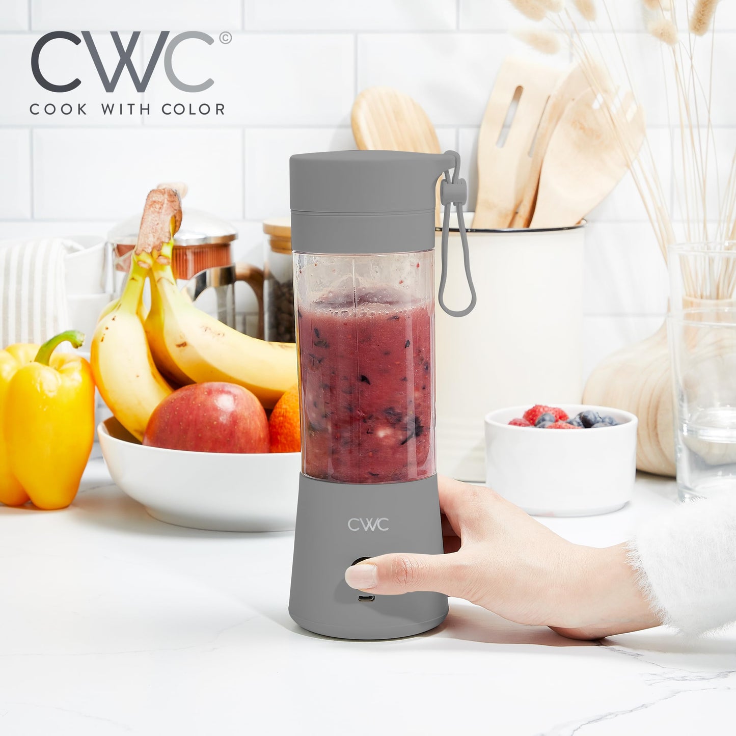 COOK WITH COLOR Mini Portable Blender - 250W Power, 12oz Capacity, Stainless Steel Blade, Wireless/USB Rechargeable, Grey