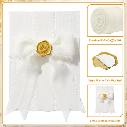 Prudiut 50 Sets Wedding Invitation Kit, 5x7 Handmade Paper, 300GSM Watercolor Paper, Self Adhesive Gold Wax Seal Stickers and 10 Rolls Chiffon Ribbon for Wedding Invitations Cards Craft DIY