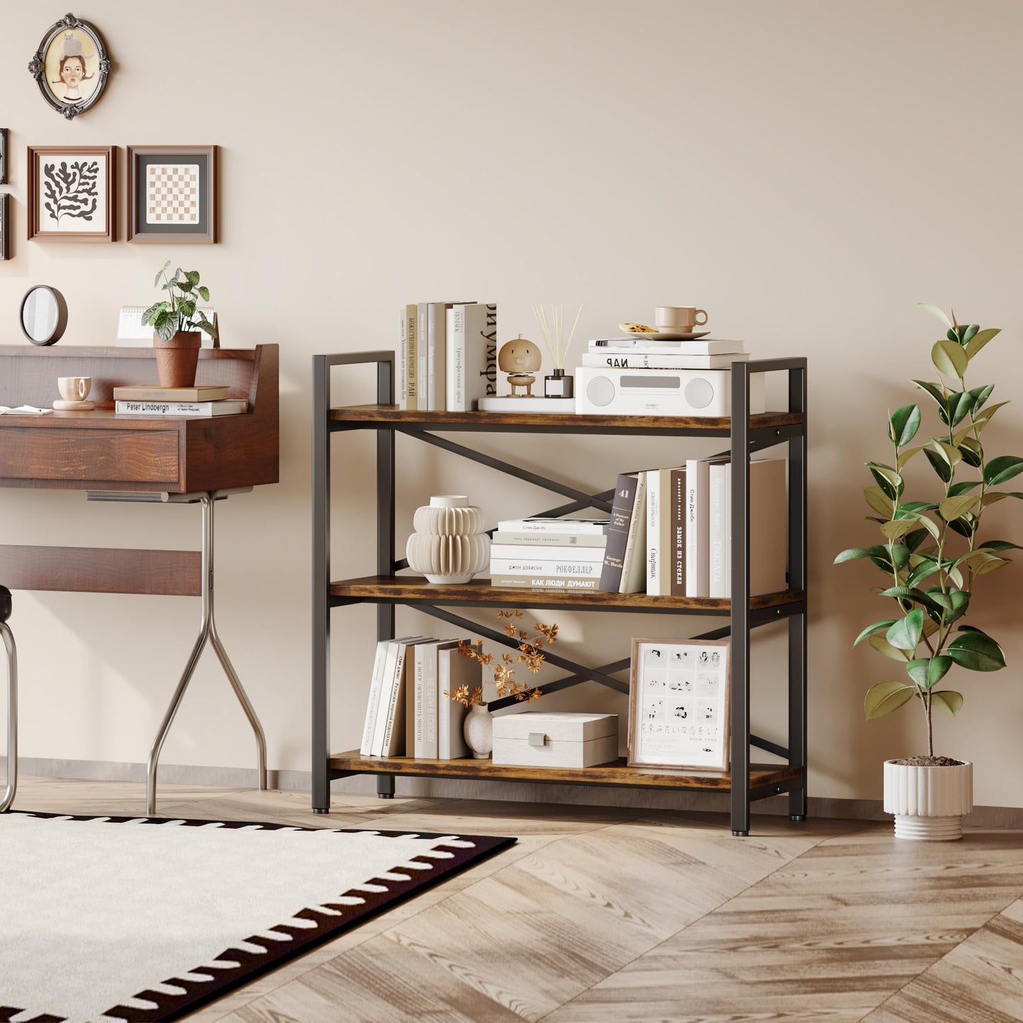 3 Tier Bookshelf 31.49" Width, Wood and Metal Etagere Bookcase, Vintage Farmhouse Modern Wooden Big Book Shelf for Home Living Room Bedroom Office Storage(Rustic Brown)