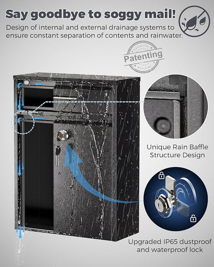 LAND·VOI Large Capacity Mailbox for Outside, Heavy Duty Rustproof, Locking Mailbox, 4 Replaceable Keys, Weatherproof Wall Mounted Mailbox for Residential & Apartment, 15.4"×11.8"×4.7", Black, Large
