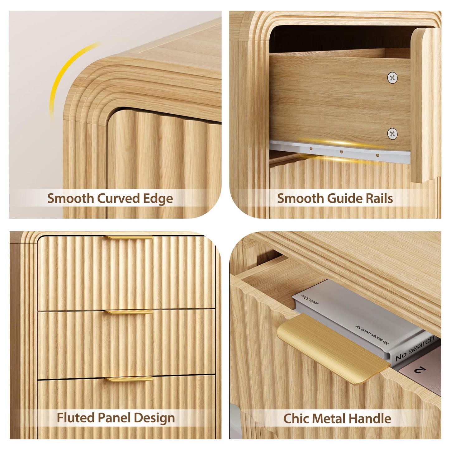 Decofy Fluted Nightstand with Charging Station, Modern Bedroom Side Table with Gold Handles, Curved Profile Design, End Table Wood Organizer for Bedroom, 19.7" & 3 Drawers (1 Pack, Natural Oak)