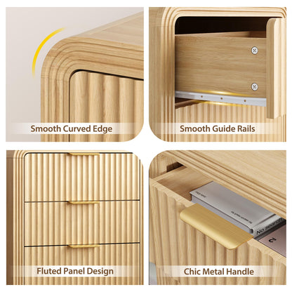 Decofy Fluted Nightstand with Charging Station, Modern Bedroom Side Table with Gold Handles, Curved Profile Design, End Table Wood Organizer for Bedroom, 19.7" & 3 Drawers (1 Pack, Natural Oak)