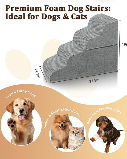 Dog Stairs for Bed, 19" H 4-Step Dog Steps for Window Seat & Loft Couch, Non-Slip Stable Pet Stairs for Small & Senior Dogs, Senior-Friendly Gentle Steps, Foldable Doggy Stairs for Resting