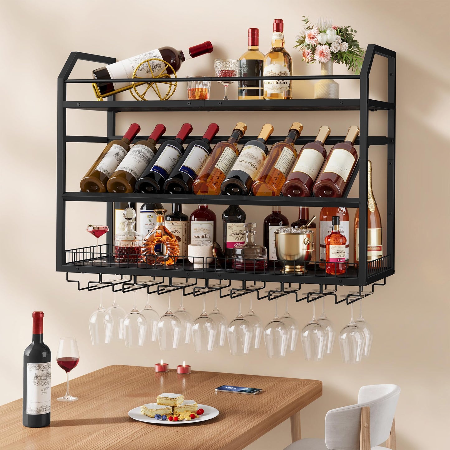 Hoctieon Wall Mounted Wine Rack, 31.5" Wall Wine Rack for Display and Storage, Hanging Bottle Holder, for Living Room, Dining Room, Bar, Wine Cellar, Rustic Brown