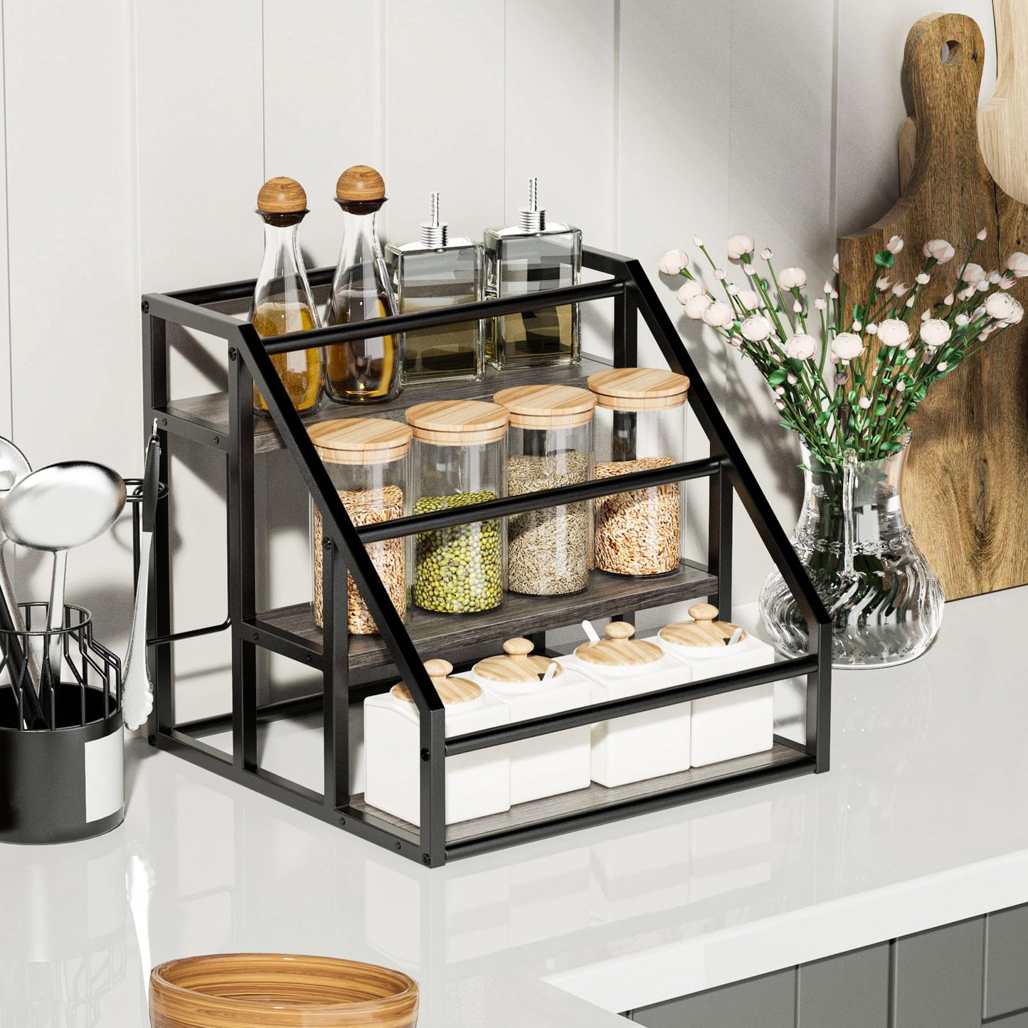 Vantimo Coffee Syrup Rack Organizer, 3 Tier Countertop Storage Shelves, Kitchen Storage, 12 Syrup Bottle Stand Holder for Wine, Liquor, Kitchen Coffee Station Organizer Rack, 13.8"x13.4"x13.0", Grey