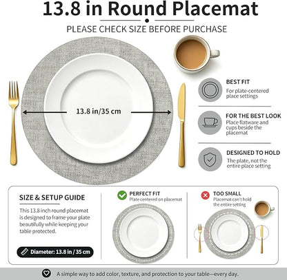 Maxpearl Round Placemats Set of 6, 13.8 inch Faux Leather Heat Resistant Table Mats, Non Slip Waterproof Wipeable Place Mats for Kitchen Dining Holiday Party Table Settings, Grey