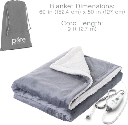 Pure Enrichment PureRelief Plush Heated Throw (50” x 60”) - 4 InstaHeat™ Settings, Soft Micromink & Sherpa Fabric, Machine Washable with Storage Bag - Cozy Electric Blanket for Couch or Bed Use