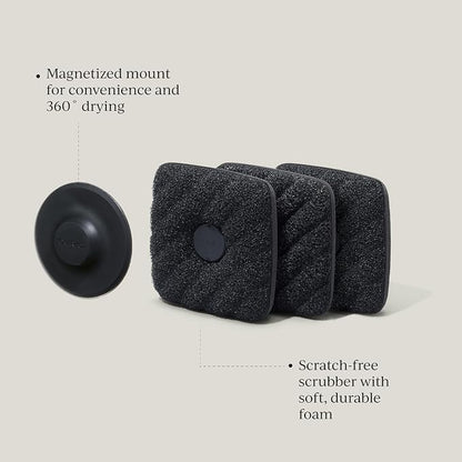 Curio Home Goods Ionic Non-Scratch Dish Sponges with Magnetized Holder, Odor Resistant Synthetic Scrub Sponges, 3 Pack, Black