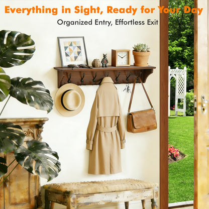 33" Coat Rack with Shelf Wall Mount, Pre-Assembled Solid Wood Coat Hooks with Shelf, Wall Coat Hanger with 7 Metal Triple-Hooks for Hanging Hat,Key,Clothes,Towel, for Entryway,Bedroom,Bathroom,Charred