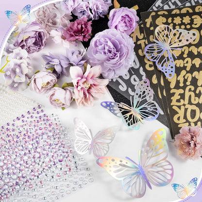 DIY Graduation Cap Decoration Kit, Purple Grad Cap Topper Supplies with Faux Flowers, 3D Butterflies, Rhinestones, Pearl Stickers, Alphabet Stickers and Glitter Paper for 2025 Graduation Party Decor