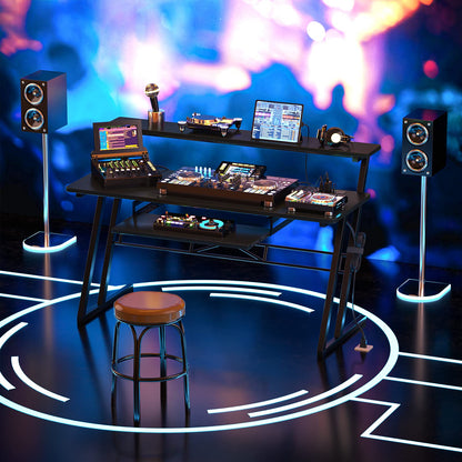 Music Studio Desk Production Workstation - Recording Studio Desk for Producer with Power Outlet, Studio Workstation for Music Recording, Home Studio Table Desk, Black