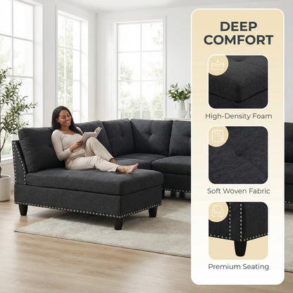 Trygoal 3-Piece L-Shaped Modular Sofa – Convertible Sectional Couch with Movable Chaise & Storage Ottoman, Multi-Scene Use for Living Room, Apartment & Office, Black Grey