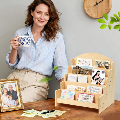ZANAUWEKED Greeting Card Display Stand Holder,5-Tier Wooden Organizer Rack for Postcards ,Stickers, Bookmarks & Brochure Photos ,Tiered Display Stand for Retail Stores, Stationery Vendors