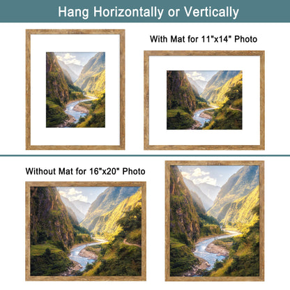 iRahmen 16x20 Picture Frame Set of 2 with Plexiglass, Display Pictures 11x14 with Mat or 16 x 20 Without Mat, Rustic Brown Wood Poster Frame for Photo Wall Gallery Mounting