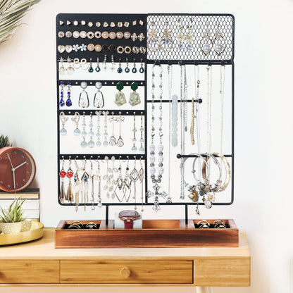 sovia Jewelry Organizer Stand,Earring Organizer with 84 Holes Ear Stud,Jewelry Organizer Holder with Wooden Tray for Earrings Necklaces Bracelets Watches and Rings,Earring Holder Organizer,Black