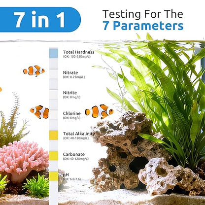 SEAOURA 7-in-1 Aquarium Water Test Strips (65 Strips), Accurate pH, Nitrate, Nitrite, Chlorine, Hardness，Alkalinity，Carbonate Testing for Freshwater & Saltwater Fish Tank, Pond, Betta, Turtle Tank