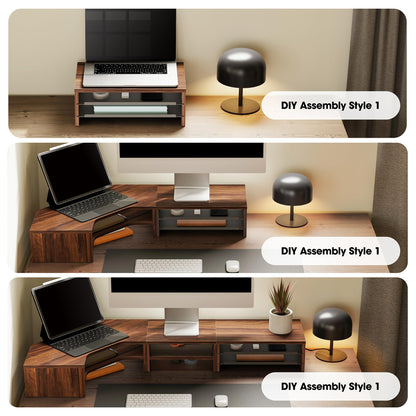 Fenge Monitor Stand, 3-Tier Monitor Riser with Slide-Out Tray, Wooden and Metal Desktop Organizer for Home Office, Computer, Laptop, Printer, Telephone