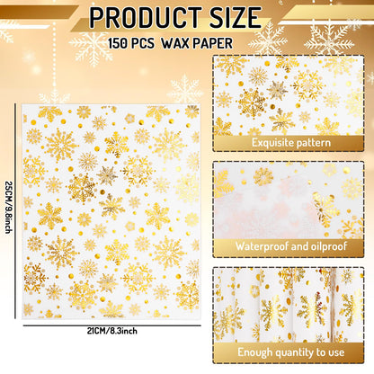 JarThenaAMCS 150 Sheet Christmas Wax Papers Deli Paper Winter Foil Gold Snowflake Paper Food Wrapping Tissue Basket Liner for Xmas Holiday Home Kitchen Restaurant Baking