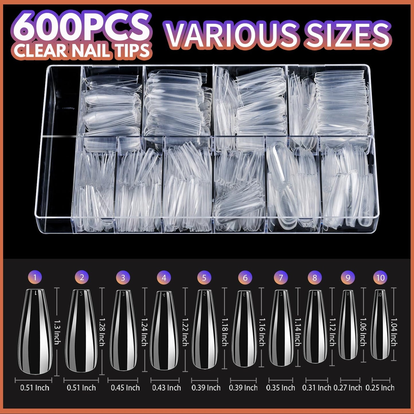 Teenitor Clear Coffin Nail Tips Set, Long Acrylic Nail Kit Full Cover Clear Press On Nails, 600 Pcs Fake Nails with Glue, Acrylic Nail Clipper Files and Buffer Polisher