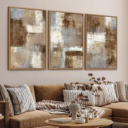 Large Abstract Framed Wall Art - Natural Float Framed Canvas Pictures Wall Art Prints for Living Room Decor Rustic Artwork Brown for Bedroom Kitchen Home Office Decoration 72" X 36" Set of 3