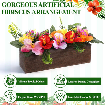 Rivvlive 2PCS Artificial Hibiscus Flowers Table Centerpieces in Wooden Box, 11 inch Summer Beach Wood Box with Realistic Hibiscus Fake Floral Decoration for Hawaiian Luau Beach Party Dining Table
