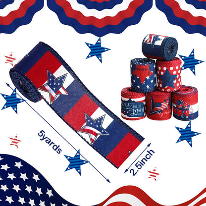 Tigeen 6 Rolls 30 Yards 250th Anniversary Memorial Day 4th of July Patriotic Ribbon Stars and Stripes Burlap Wired Edge Ribbon White Red Blue Decor for Independence Day Gift DIY Wreath Bow Craft