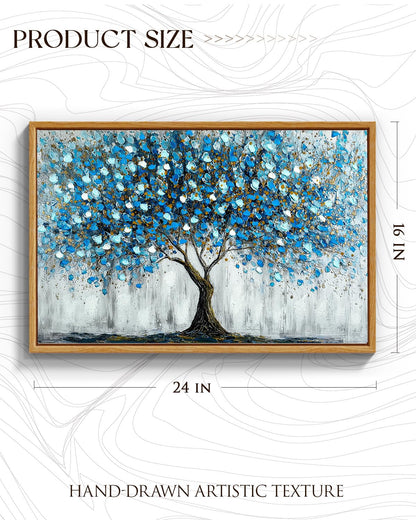 ARPEOTCY 3D Textured Large Framed Canvas Wall Art Prints, Abstract Modern Hand-Painted Blue Tree of Life Oil Painting, Neutral Artwork Home Wall Decor for Living Room Bedroom Office, 16x24inch