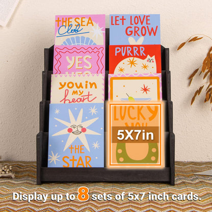 PUERSI Greeting Card Display Stand, Wooden 4-Tier Postcard Display Stand Holder for Sticker, Vendors, Retail Stores, Black