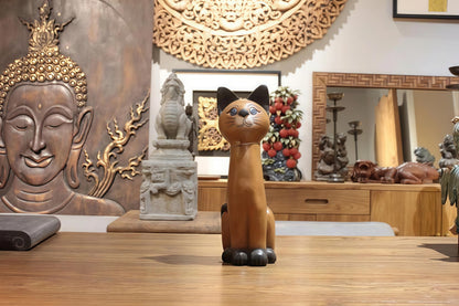 AHZGBL Wooden Cat Figurine, Hand Carved Solid Wood Cat Statue from Thailand, Handcrafted Home Art Decor for Living Rooms, Entryways, Restaurants, Bars, Cafes, Offices, Gift for Cat Lovers(Sitting Cat)