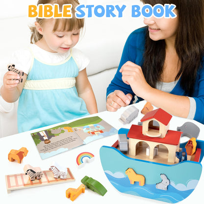 JUSTWOOD Wooden Noah's Ark Toy for Toddlers 1+ Years, Baptism Gift for Boys and Girls, Baby Montessori Educational Animal Shape Sorter Toy with Bible Story Book