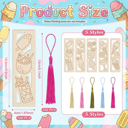 Yexiya 200 Pcs Ice Cream Color Your Own Bookmarks Kit, Summer DIY Coloring Blank Wooden Bookmarks, 100 Set Unfinished Bulk Hollow with Tassel Craft for Classroom Activities Birthday Party Favors Gift
