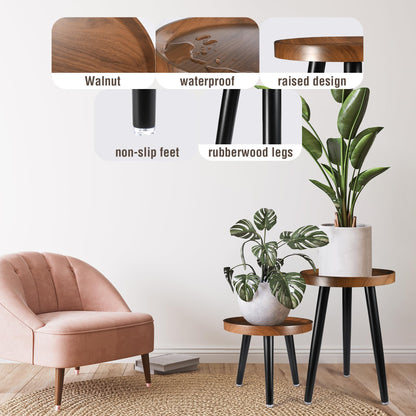 KGPLOME Indoor Plant Stand,Wood Mid Century Plant Table in Walnut Finish,Tall Plant Stand for Flower Pot,Modern Round Small Side End Table with Raised Design (Walnut, 12"x10.8" 2 Pack)