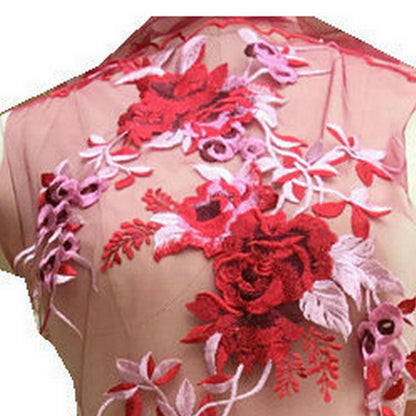 2 Pcs Colorful Lace Embroidery Flower Applique Patch Decals with Pearl Sequins Eugen Yarn Handmade Wedding Dress Decor DIY Clothes Fabric (Pink)