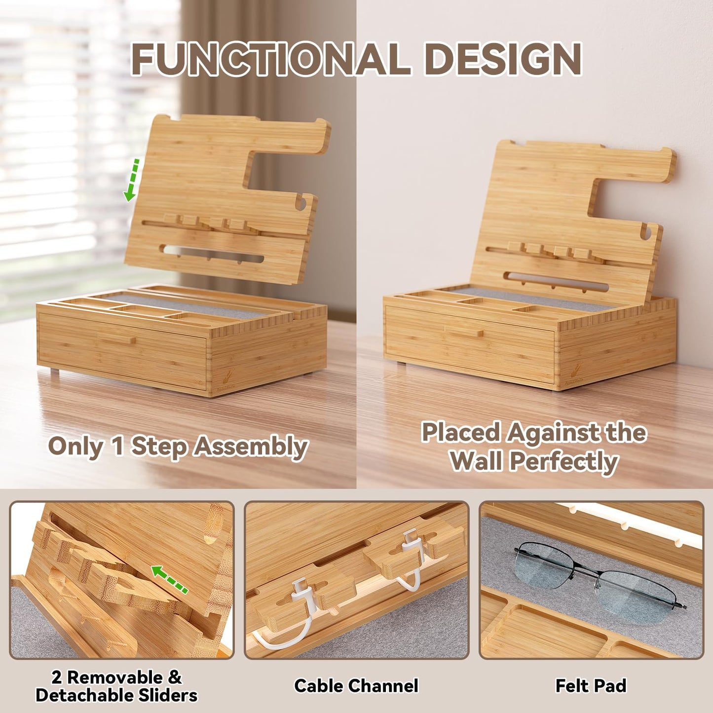 Pezin & Hulin Wooden Charging Station, Bedside Nightstand Tray, with Spacious Drawer, Felt Pads for Phones, Watch, Idea Gifts for Him Birthday, Son, Christmas for Papa Fathers Day (Nature)