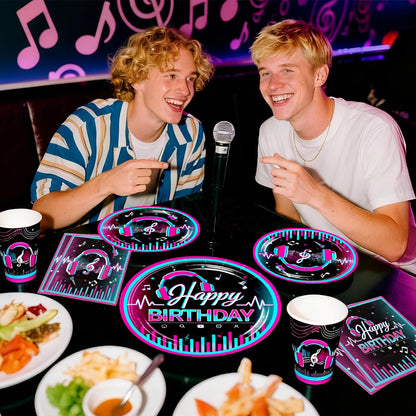 wellspar 208pcs Karaoke Party Decorations Complete Tableware Set, for 25 Guests, Karaoke Birthday Party Decorations, Disposable Plates, Pre-strung Banner, Tablecloths for Music Birthday Decor