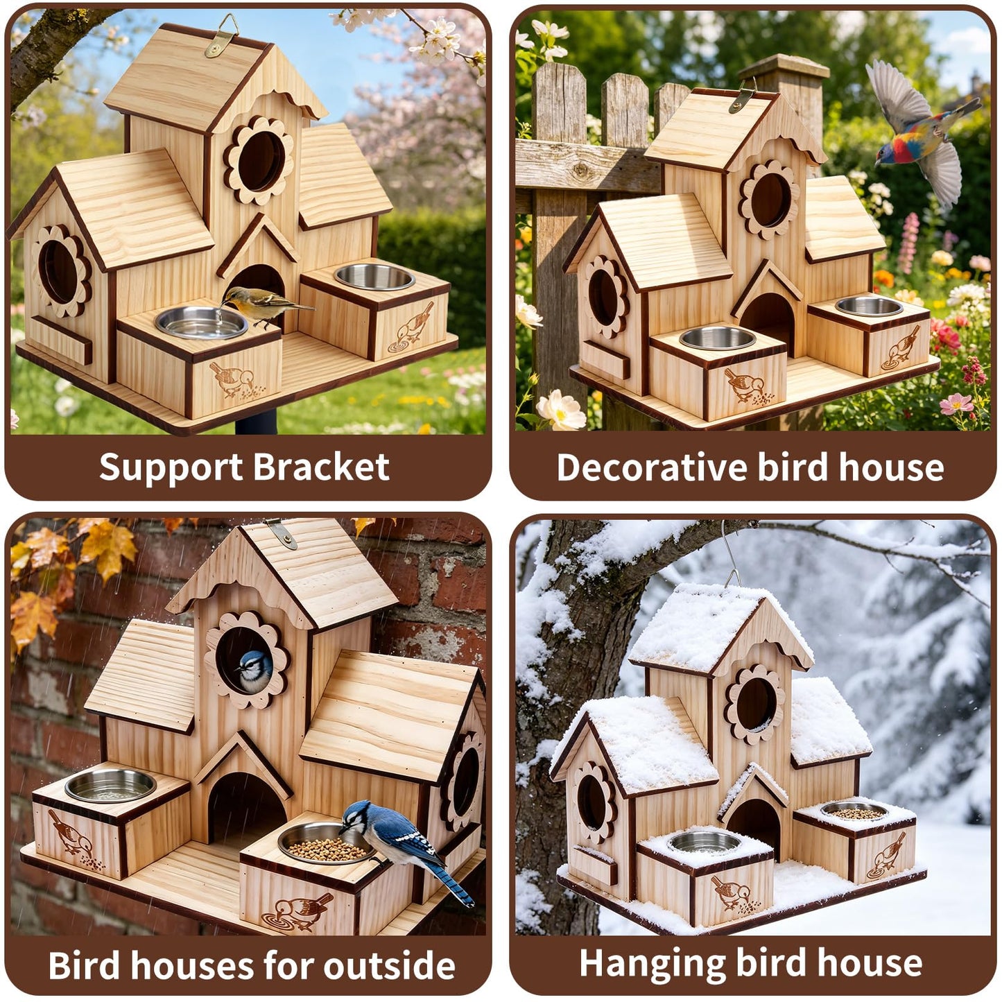 SORNADELUVRIX Bird House for Outdoors, 4-Hole Hanging Birdhouse, Bluebird House with Stainless Steel Feeding Tray, Cedar Wood Nesting Box for Wrens, Chickadees and Swallows